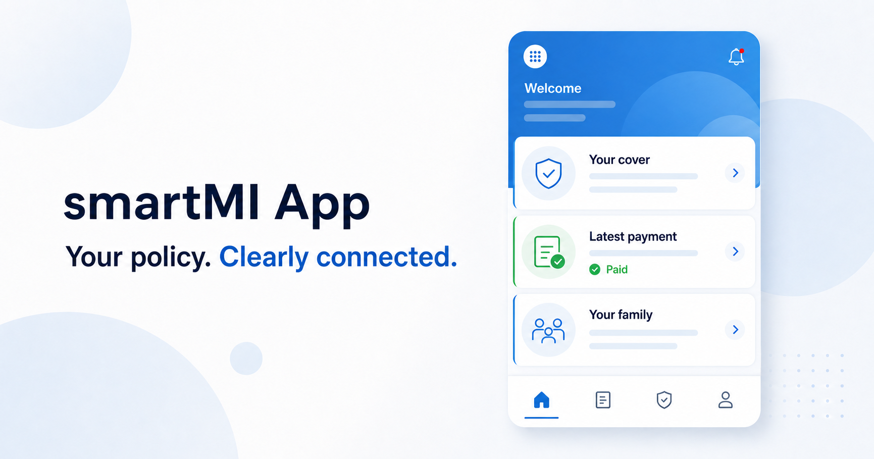 smartMI App overview showing cover, latest payment and family information